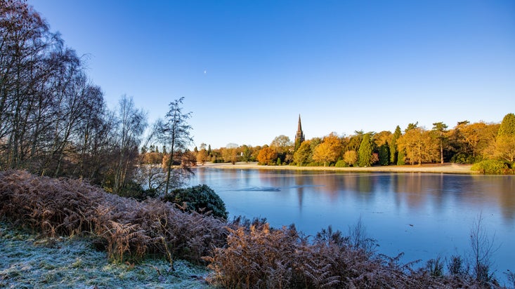 Looking over the lake to the Chapel on a frosty day with blue skies